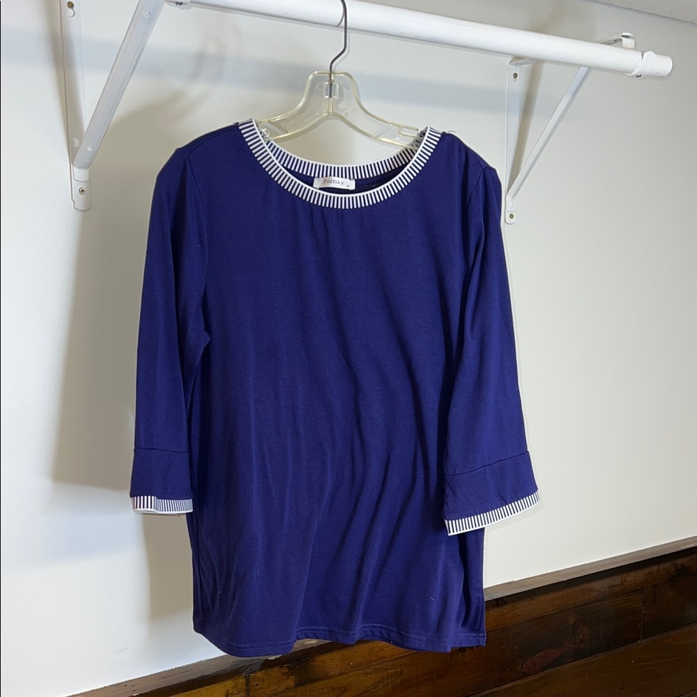 Amazon Navy Blue 3/4 Sleeve‎ Top with White Striped Trim- M